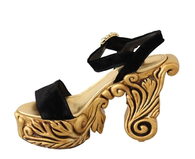 Shop Dolce & Gabbana Black Gold Baroque Velvet Heels Crystal Women's Shoes