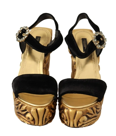 Shop Dolce & Gabbana Black Gold Baroque Velvet Heels Crystal Women's Shoes