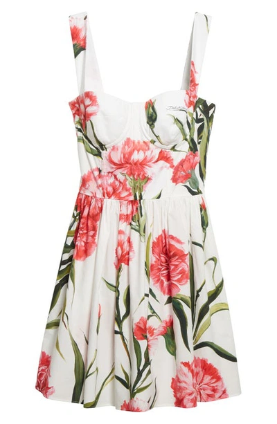 Shop Dolce & Gabbana Short Carnation Cotton Poplin Sundress In Natural White