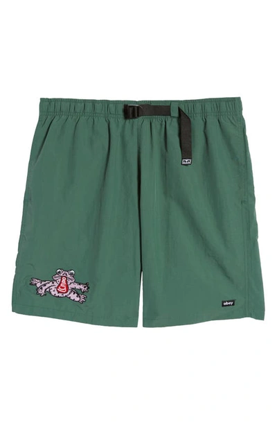 Shop Obey Hang Out Belted Nylon Shorts In Palm Leaf