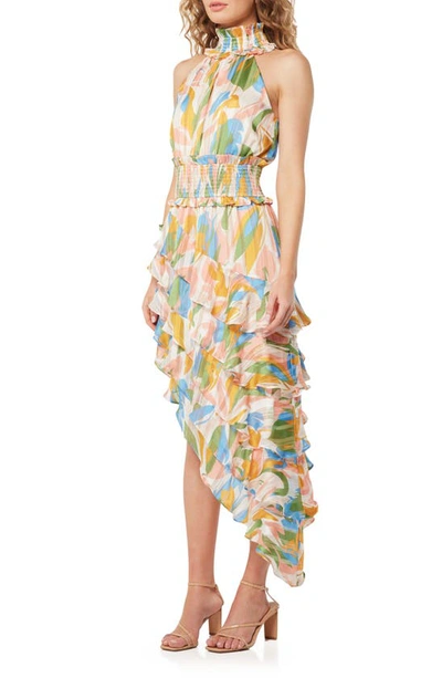 Shop Elliatt Charlatan Metallic Stripe Floral Asymmetric Dress In Light Multi