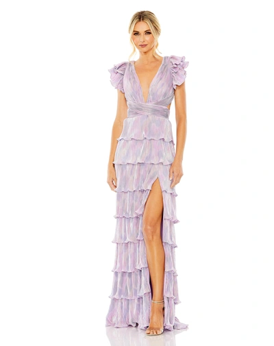 Shop Ieena For Mac Duggal Ruffle Tiered Criss Cross Lace Up Gown In Purple Multi