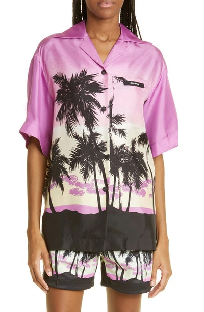 Shop Palm Angels Sunset Print Silk Bowling Shirt In Purple Black