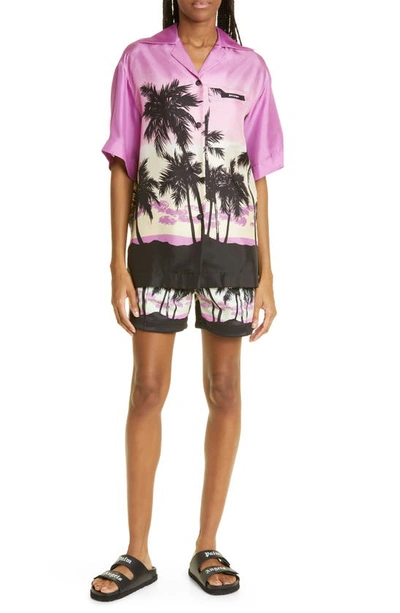 Shop Palm Angels Sunset Print Silk Bowling Shirt In Purple Black