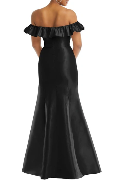 Alfred Sung Off The Shoulder Ruffle Satin Trumpet Gown In Black