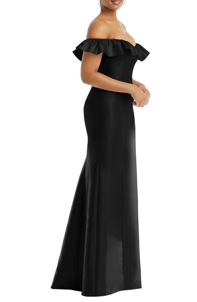 Shop Alfred Sung Off The Shoulder Ruffle Satin Trumpet Gown In Black