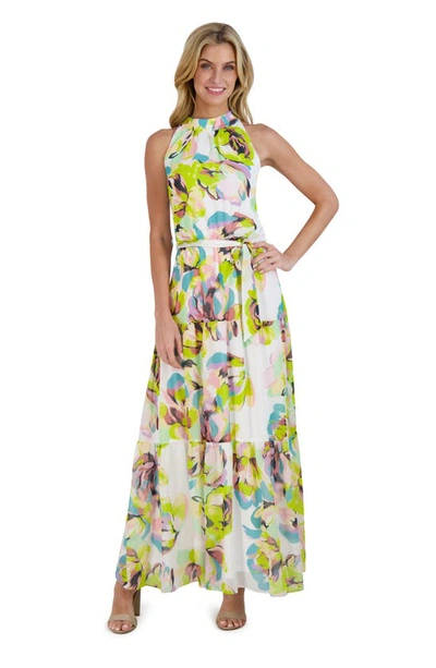 Shop Julia Jordan Tie Waist Tiered Maxi Dress In Ivory Multi