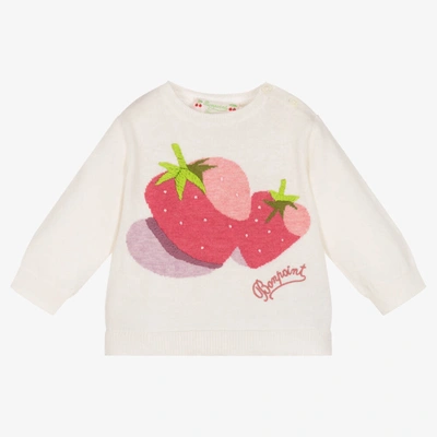 Shop Bonpoint Girls Ivory Strawberry Knit Sweater