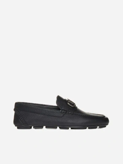 Shop Valentino Driver Vlogo Leather Loafers In Black