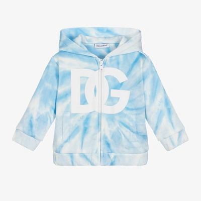 Shop Dolce & Gabbana Boys Blue & White Tie-dye Dg Zip-up Top