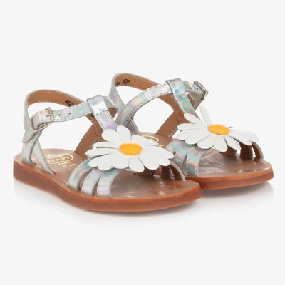 Shop Pom D'api Girls Iridescent Silver Leather Sandals
