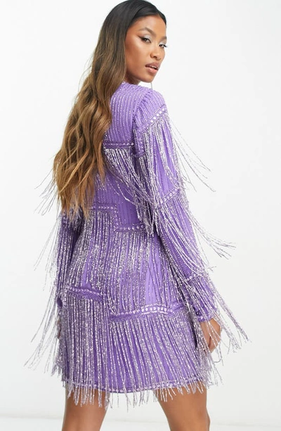 Shop Asos Design Beaded Fringe Long Sleeve Minidress In Purple