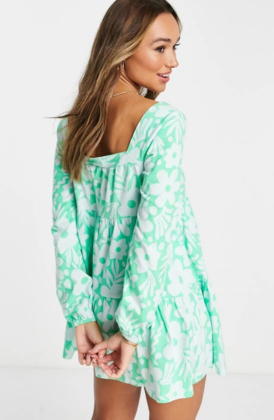 Shop Asos Design Floral Tiered Long Sleeve Cotton Minidress In Green Multi