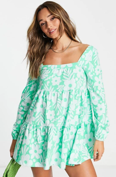 Shop Asos Design Floral Tiered Long Sleeve Cotton Minidress In Green Multi