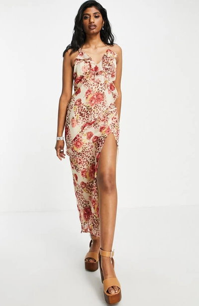 Shop Asos Design Mixed Print Ruffle Maxi Dress In Cream Multi