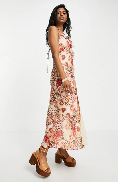 Shop Asos Design Mixed Print Ruffle Maxi Dress In Cream Multi