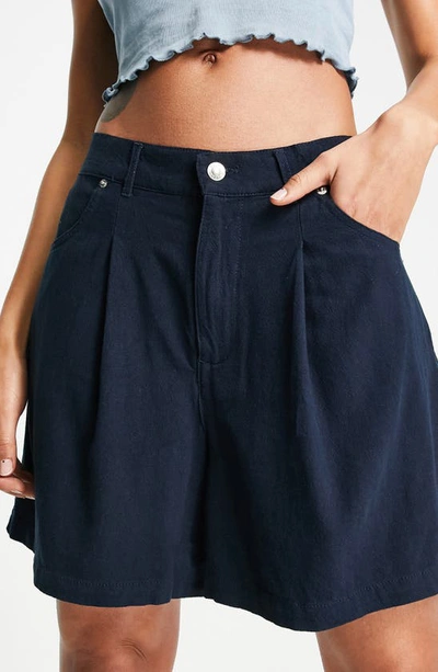 Shop Asos Design Pleated Hourglass Dad Shorts In Mid Blue