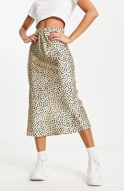 Shop Asos Design Animal Spot Bias Cut Satin Midi Skirt In White Multi