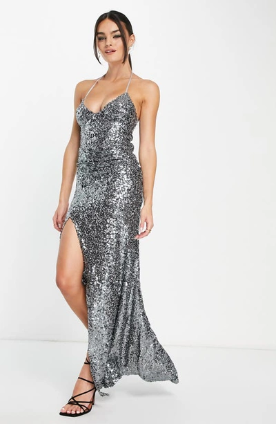 Shop Asos Design Sequin Halter Maxi Dress In Silver