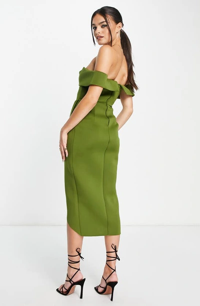 Shop Asos Design Off The Shoulder Corset Midi Dress In Light Green