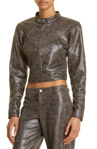 Shop Miaou Vaughn Crop Distressed Faux Leather Jacket In Varnish Printed Suede
