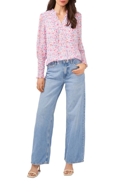 1.state Floral Smock Sleeve Tie Neck Blouse In Watercolor Red