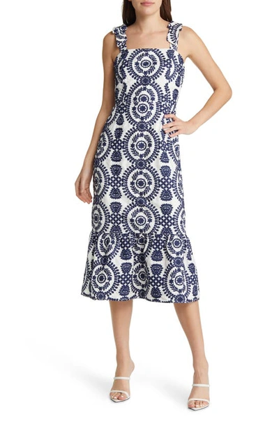 Shop Adelyn Rae Layla Embroidered Cotton Midi Dress In White/ Navy