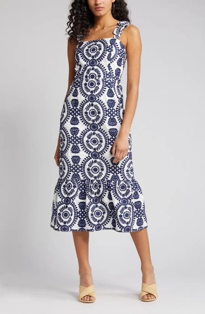 Shop Adelyn Rae Layla Embroidered Cotton Midi Dress In White/ Navy