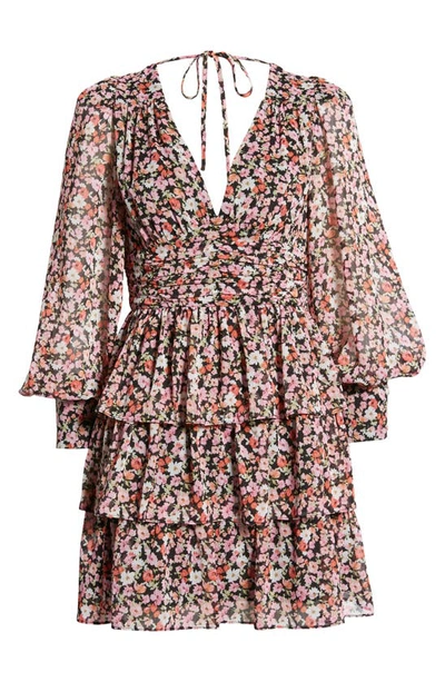 Shop Charles Henry Floral Tiered Long Sleeve Minidress In Black Ditsy
