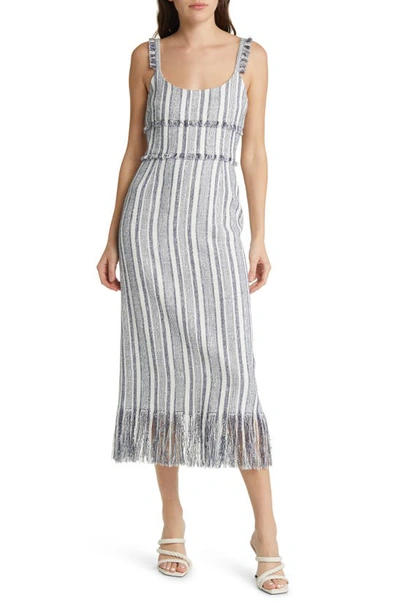 Shop La Ligne Fringe Detail Stripe Midi Dress In Navy/ Cream