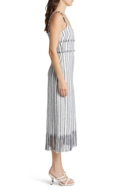 Shop La Ligne Fringe Detail Stripe Midi Dress In Navy/ Cream
