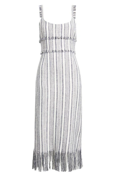 Shop La Ligne Fringe Detail Stripe Midi Dress In Navy/ Cream