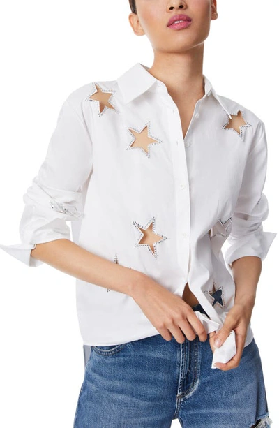 Shop Alice And Olivia Finely Rhinestone Cutout Button-up Shirt In Off White