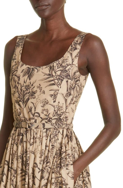 Shop Adam Lippes Floral Print Pleated Cotton Poplin A-line Dress In Khaki Floral