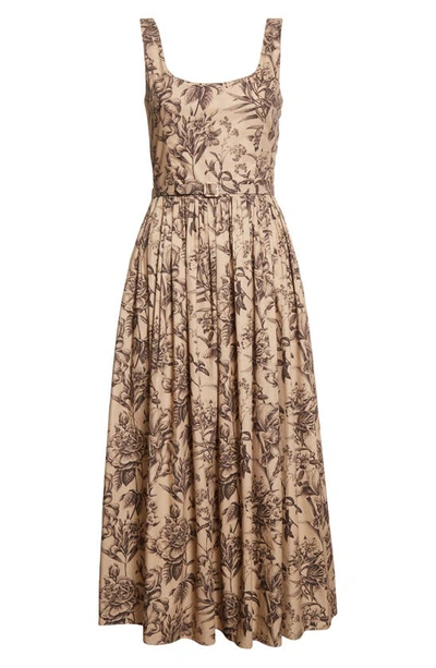 Shop Adam Lippes Floral Print Pleated Cotton Poplin A-line Dress In Khaki Floral