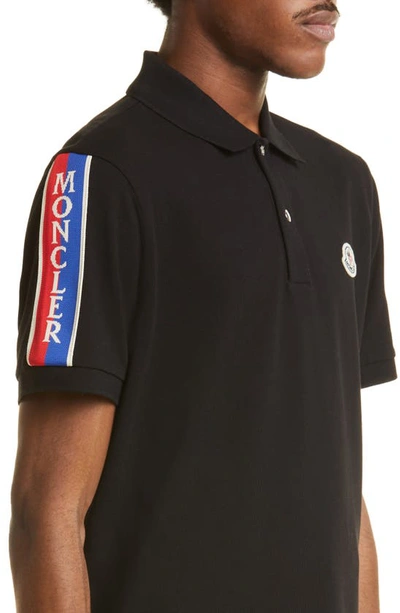 Shop Moncler Retro Stripe Snap Placket Cotton Polo In Black