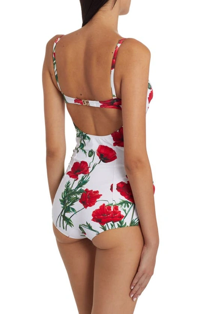 Shop Dolce & Gabbana Poppy Print Balconette One-piece Swimsuit In White/ Red