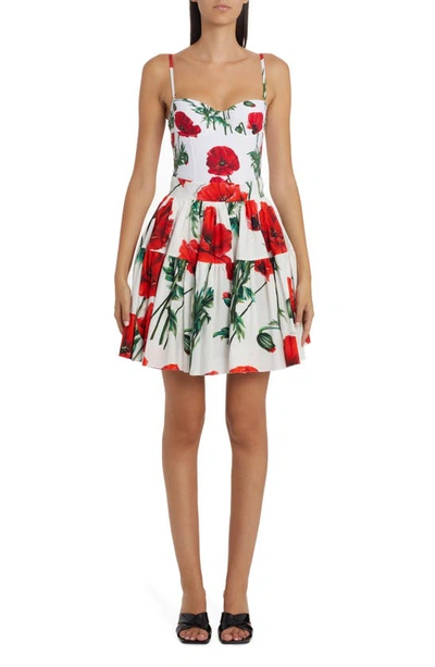 Shop Dolce & Gabbana Poppy Print Balconette One-piece Swimsuit In White/ Red