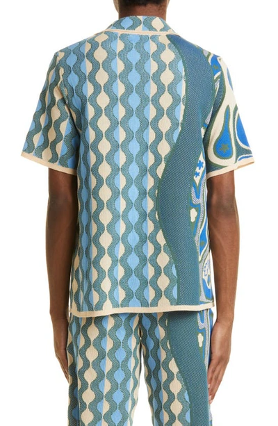 Shop Ahluwalia Katrina Cotton Jacquard Button-up Sweater Shirt In Beige/ Blue