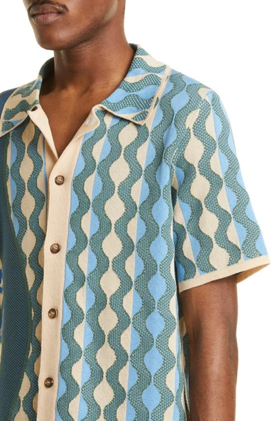 Shop Ahluwalia Katrina Cotton Jacquard Button-up Sweater Shirt In Beige/ Blue