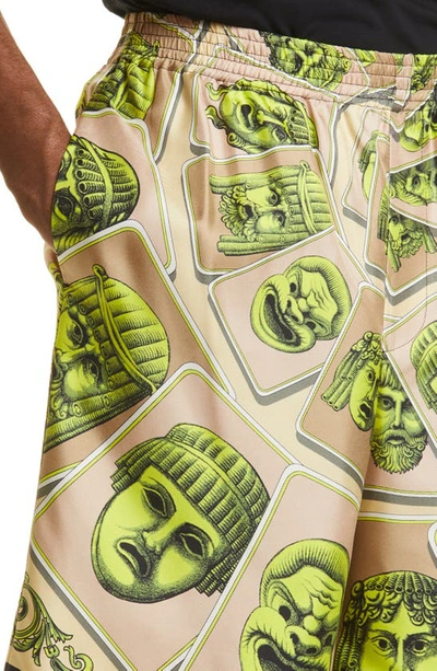 Shop Versace Masks Print Silk Shorts In Acid Green/ Moonstruck