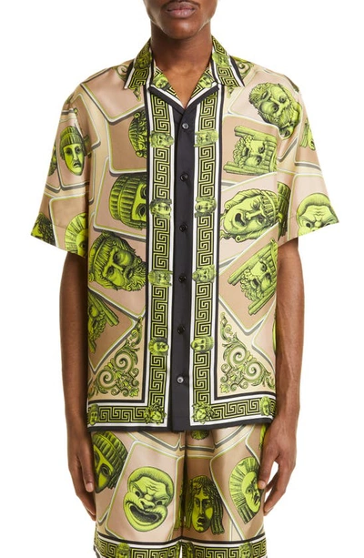 Shop Versace Masks Print Short Sleeve Silk Camp Shirt In Acid