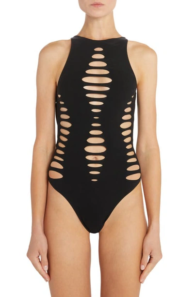 Shop Versace Slash Cutout One-piece Swimsuit In Black