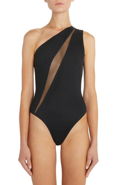 Shop Versace Mesh Inset One-shoulder One-piece Swimsuit In Black