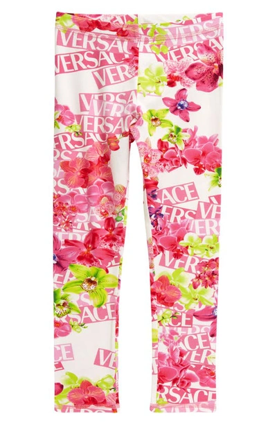 Shop Versace Kids' Orchid Logo Print Leggings In Bianco Rosa