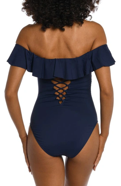 La Blanca Island Goddess Off-the-shoulder Ruffled Tummy-control One-piece Swimsuit Women's Swimsuit In Indigo
