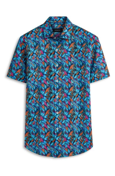 Shop Bugatchi Shaped Fit Stretch Print Short Sleeve Button-up Shirt In Teal