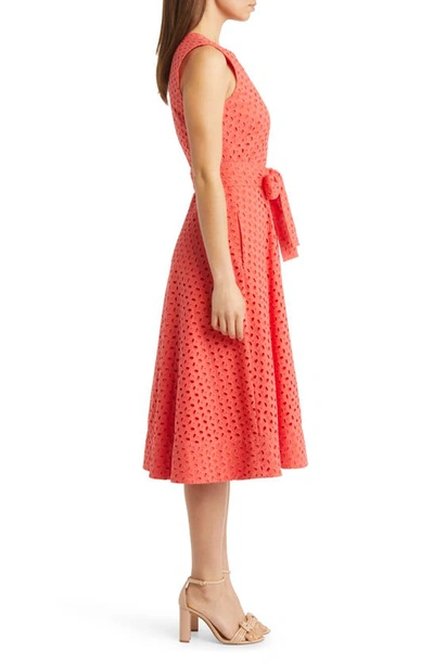 Shop Natori Eyelet Sleeveless Cotton Fit & Flare Dress In Sunkissed Coral
