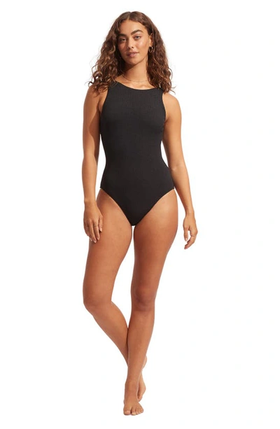 Shop Seafolly Sea Dive Lace-up One-piece Swimsuit In Black
