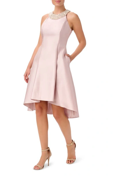 Shop Adrianna Papell Imitation Pearl Halter Neck High-low Mikado Dress In Bellini